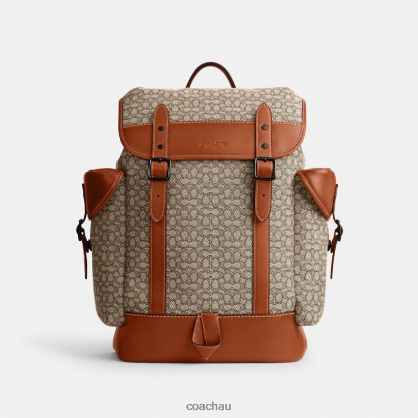 Coach Men HITCH BACKPACK IN MICRO SIGNATURE JACQUARD Cocoa/Burnished Amber Z8JFB8683