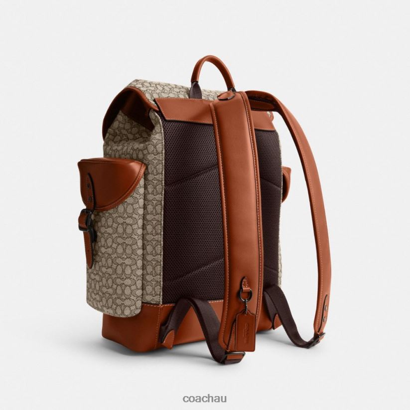 Coach Men HITCH BACKPACK IN MICRO SIGNATURE JACQUARD Cocoa/Burnished Amber Z8JFB8683