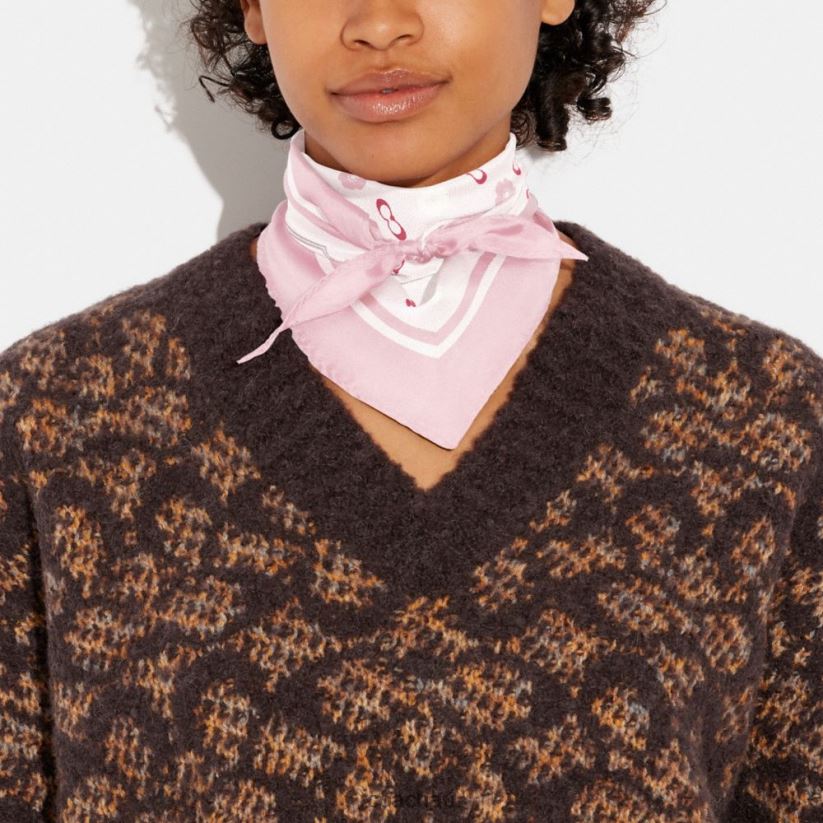 Coach Women TEA ROSE PRINT SILK DIAMOND SCARF Flower Pink Z8JFB8609