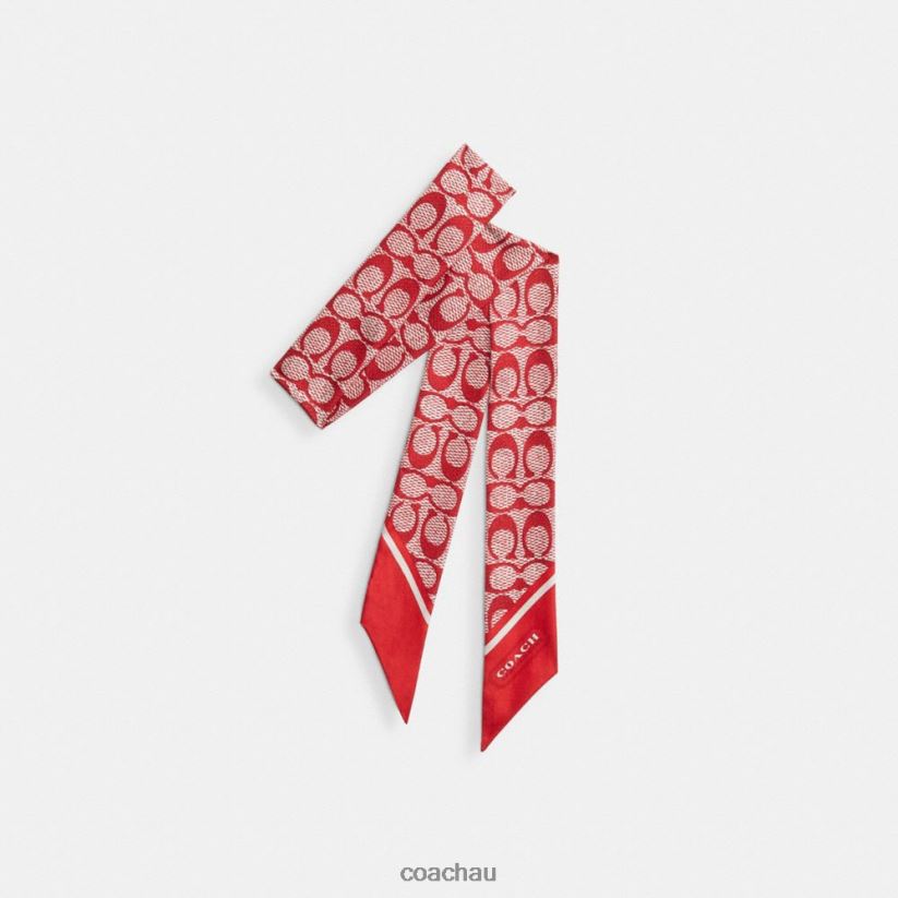 Coach Women VINTAGE SIGNATURE PRINT SILK SKINNY SCARF Sport Red Z8JFB8546