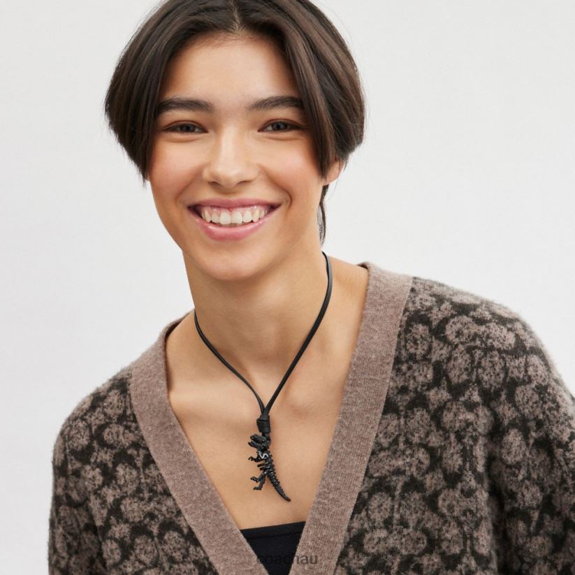 Coach Women SKELETAL REXY LEATHER NECKLACE Black Z8JFB8535