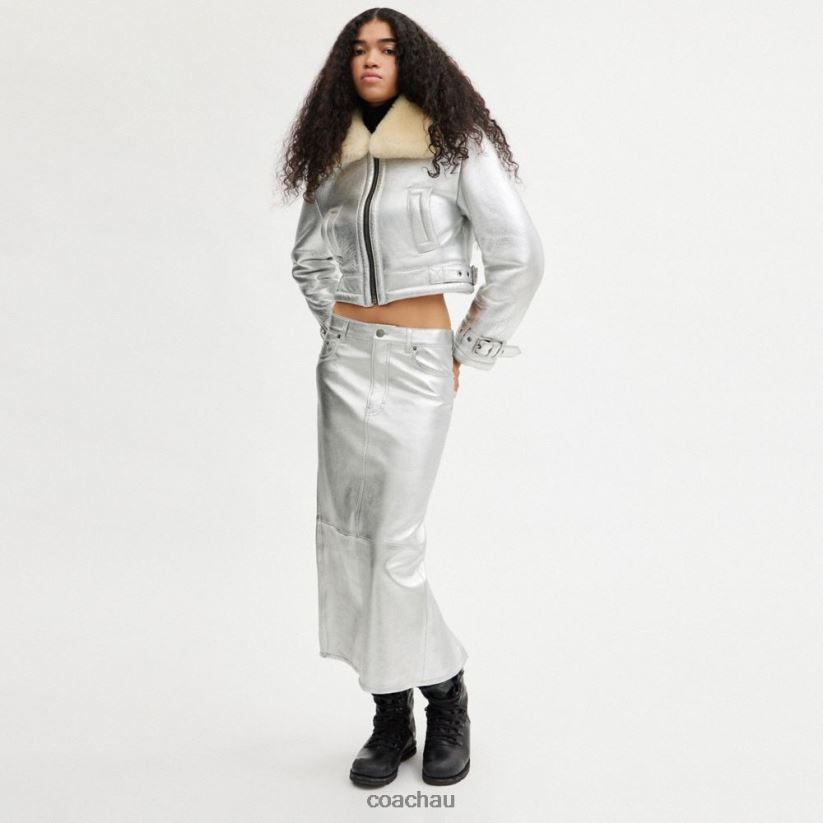 Coach Women METALLIC LEATHER LONG SKIRT Silver Multi. Z8JFB8507