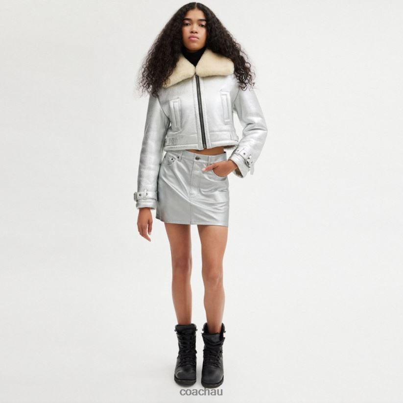 Coach Women METALLIC LEATHER MINI SKIRT Silver Z8JFB8510