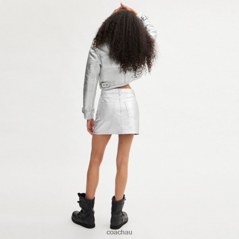 Coach Women METALLIC LEATHER MINI SKIRT Silver Z8JFB8510