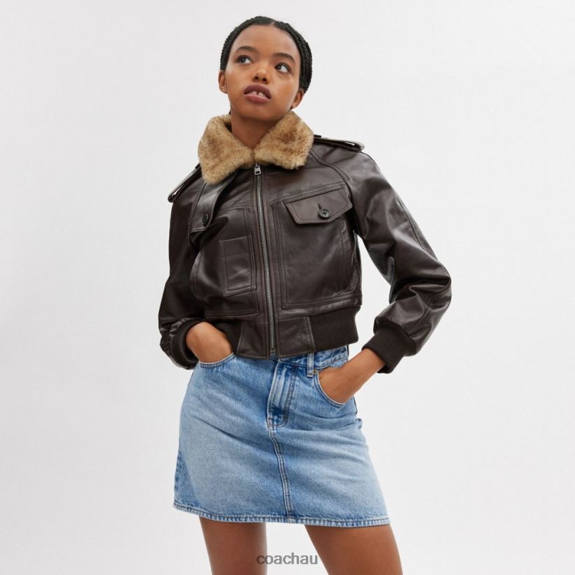 Coach Women CROPPED LEATHER JACKET Brown Z8JFB8435