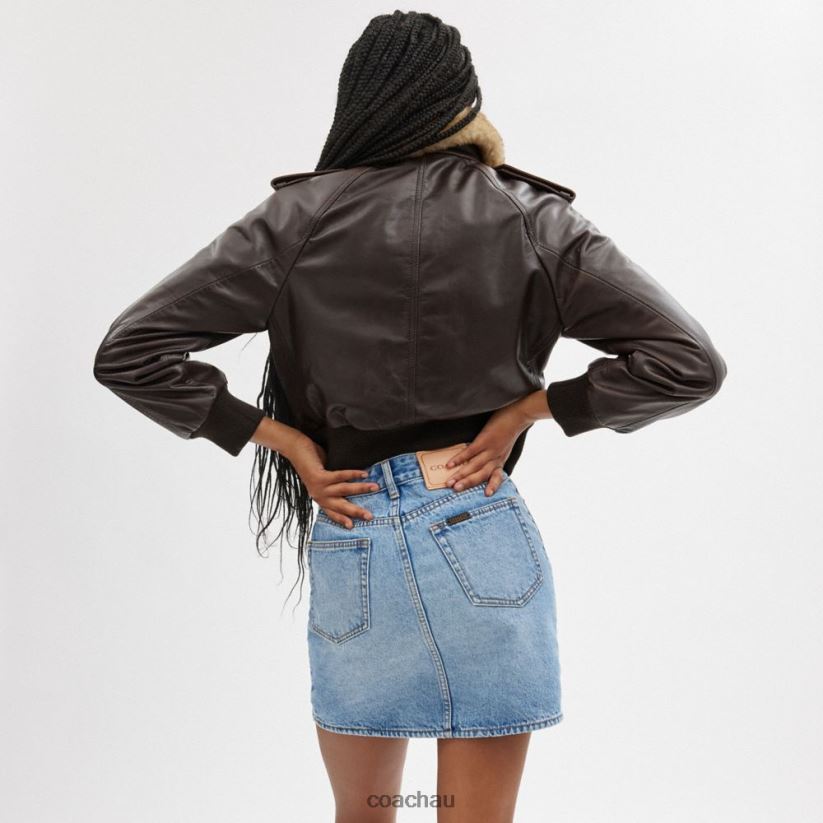 Coach Women CROPPED LEATHER JACKET Brown Z8JFB8435