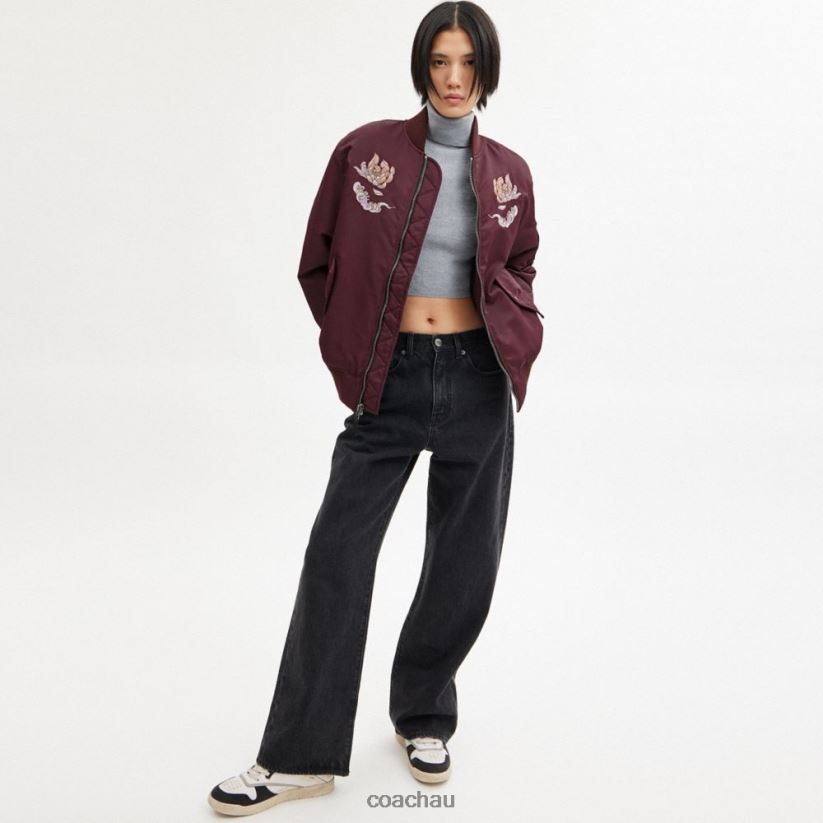 Coach Women NEW YEAR MA-1 JACKET WITH DRAGON Burgundy Z8JFB8431