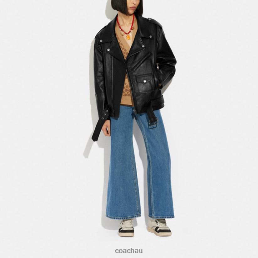 Coach Women OVERSIZED LEATHER BIKER JACKET Black Z8JFB8465