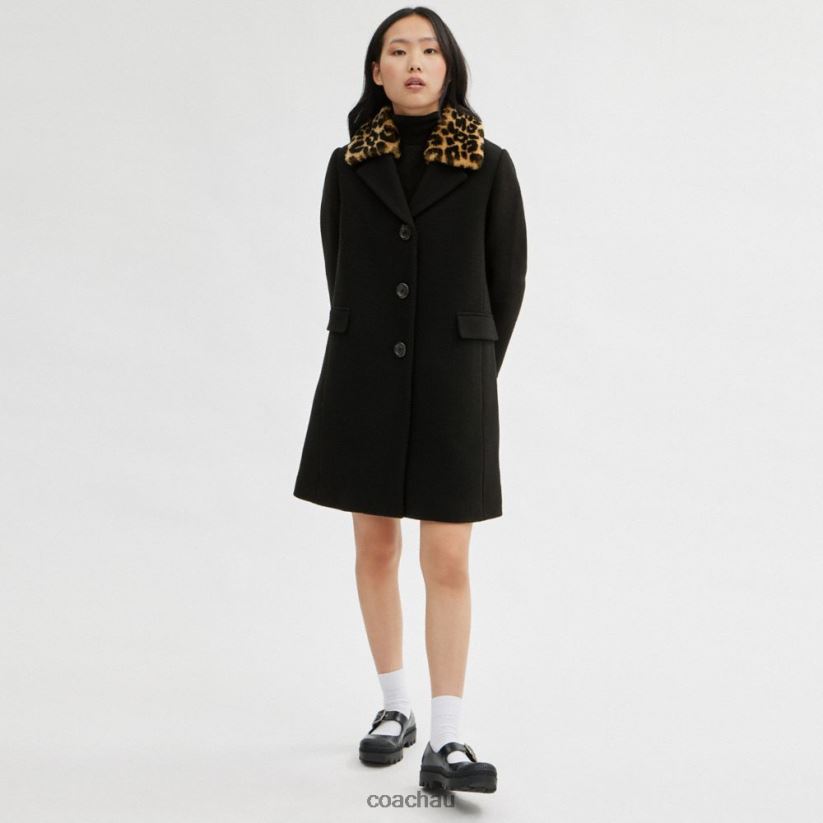 Coach Women WOOL COAT WITH SHEARLING COLLAR Black Z8JFB8449
