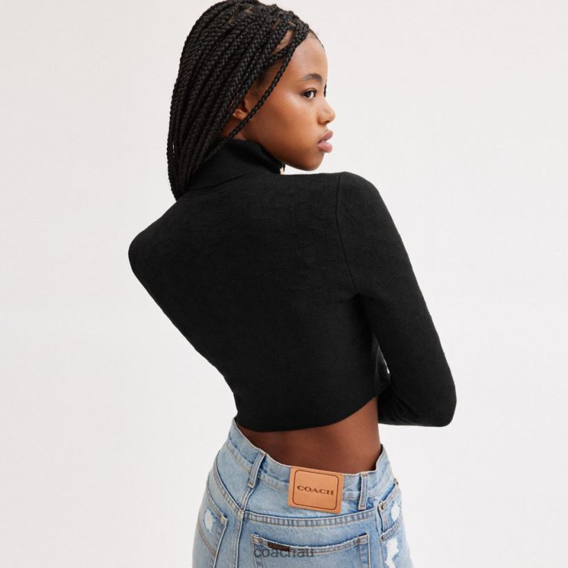 Coach Women SIGNATURE KNIT CROPPED TURTLENECK Black Z8JFB8487
