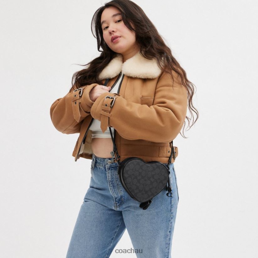 Coach Women HEART CROSSBODY IN SIGNATURE CANVAS MW/Charcoal/Black Z8JFB8205