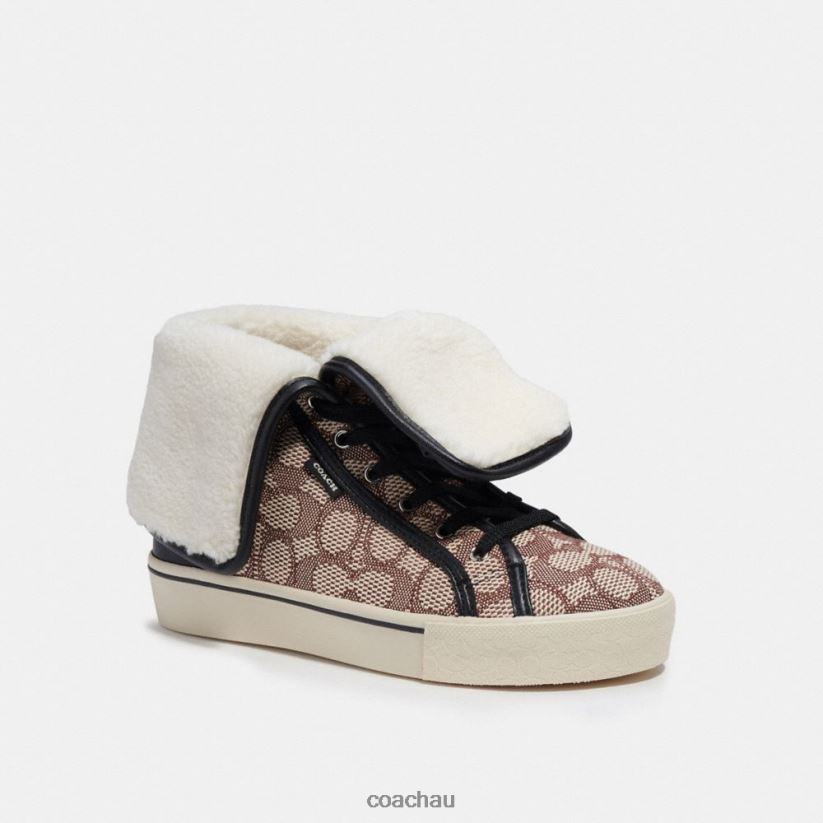 Coach Women CITYSOLE FOLDOVER HIGH TOP PLATFORM SNEAKER IN SIGNATURE JACQUARD Cocoa/Black Z8JFB8429